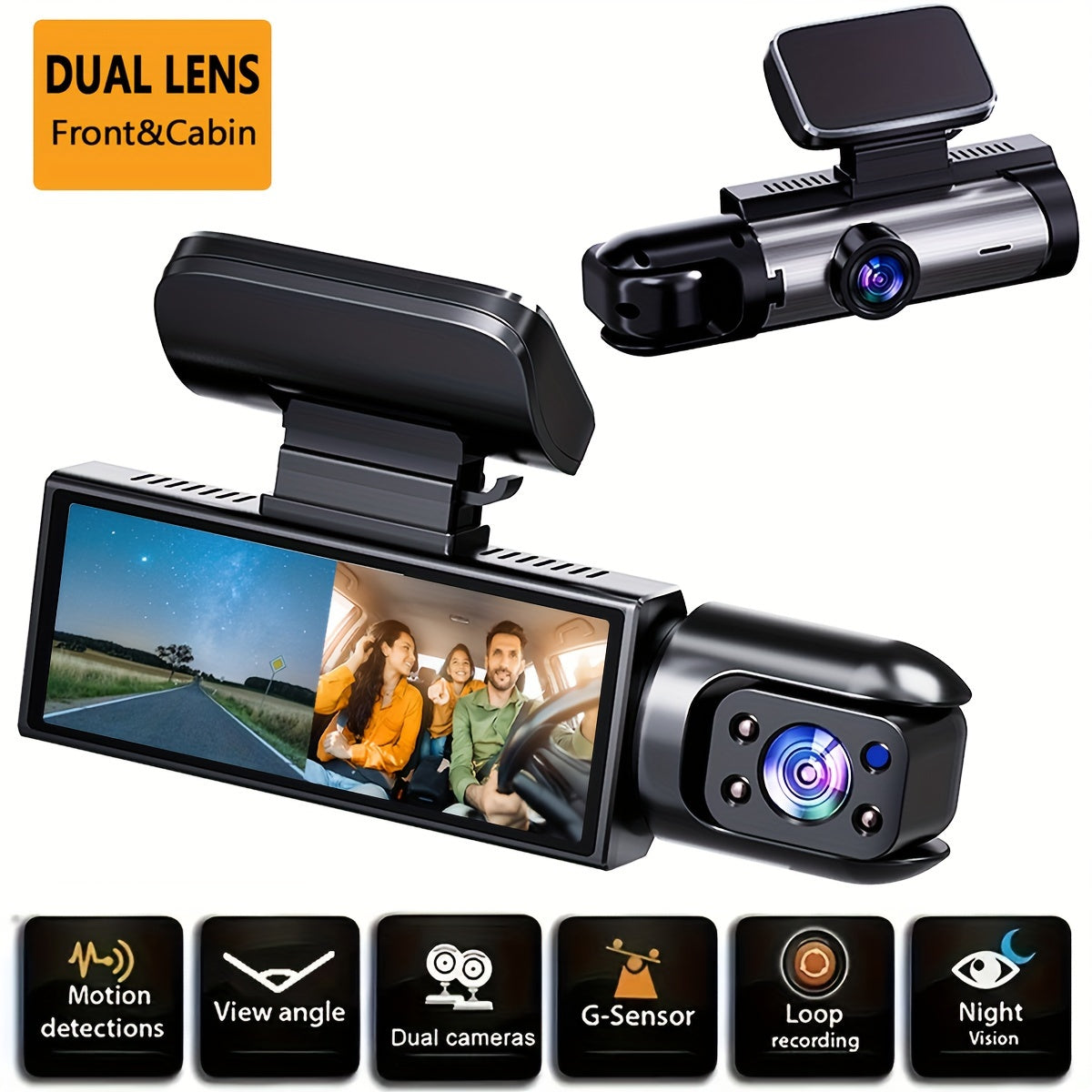 Caméra de Tableau de Bord Voiture ZKCAMSPY – Double Objectif Avant et Intérieur, 1080P HD, Vision Nocturne, Détection de Mouvement