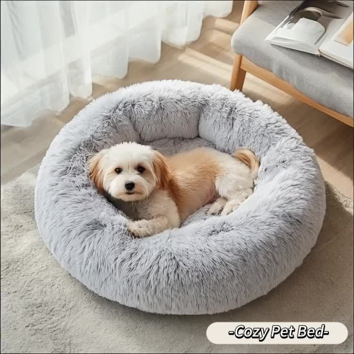 Panier apaisant pour chiens et chats – Lit rond douillet en forme de donut, coussin moelleux en fausse fourrure pour petits, moyens et grands animaux (40 à 99 cm)
