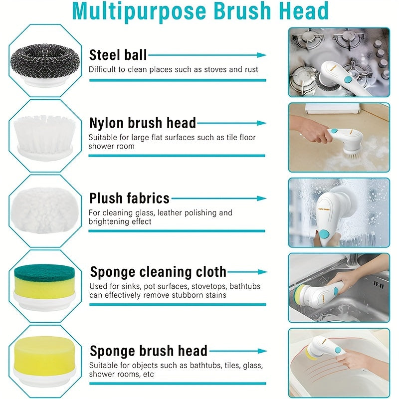 Brosse électrique de nettoyage ANKRIYUL avec 5 têtes interchangeables – Nettoyeur rotatif portable sans fil pour salle de bain, baignoire, carrelage, sol et cuisine – Recharge USB, batterie 800mAh