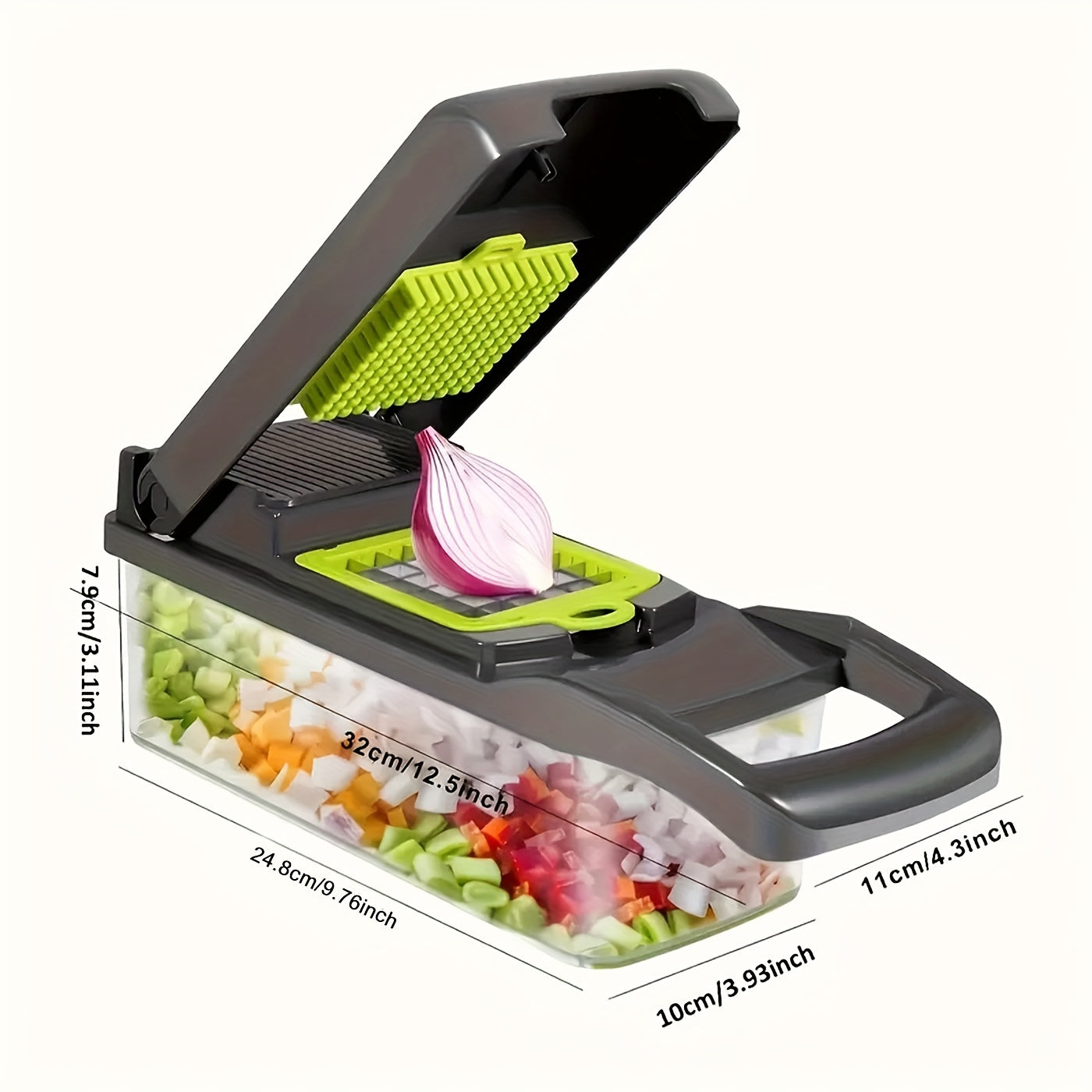 Hachoir et Coupe-Légumes 16-en-1 – 8 Lames Acier Inoxydable, Conteneur Détachable, Semi-Automatique