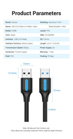 Vention Câble USB Mâle à Mâle | Extension USB 2.0 / 3.0 Haute Vitesse – Câble Extender pour Transfert de Données, Haut-parleur, Radiateur, Webcam HD, Voiture