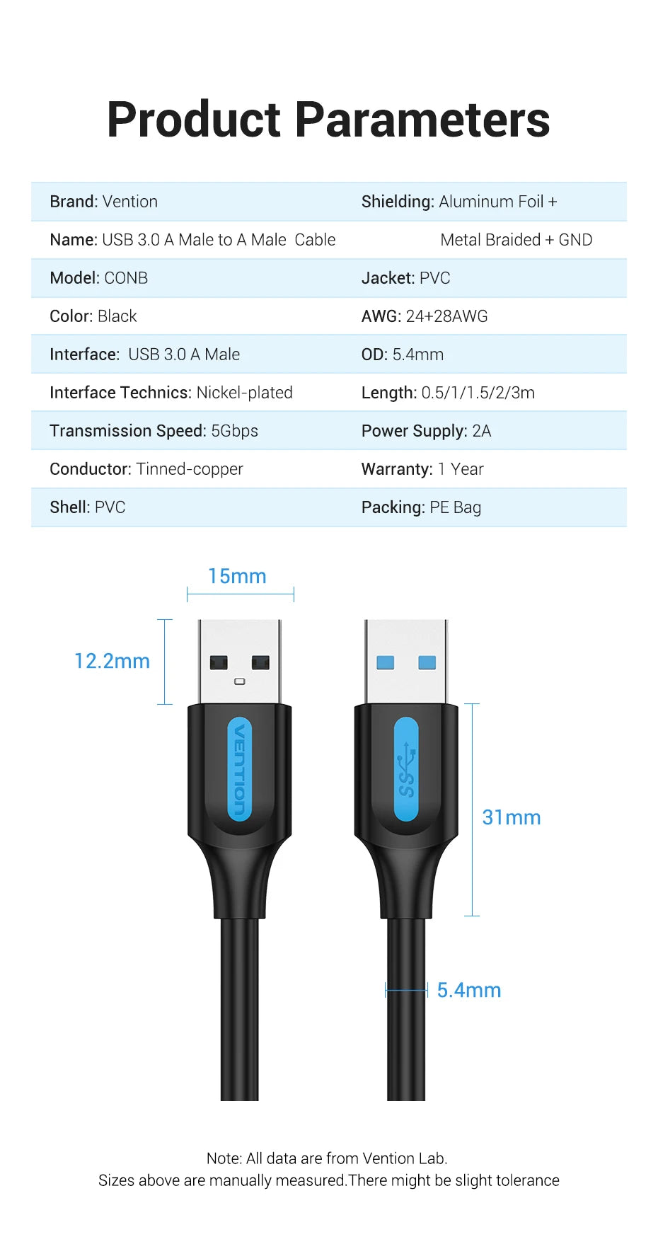 Vention Câble USB Mâle à Mâle | Extension USB 2.0 / 3.0 Haute Vitesse – Câble Extender pour Transfert de Données, Haut-parleur, Radiateur, Webcam HD, Voiture