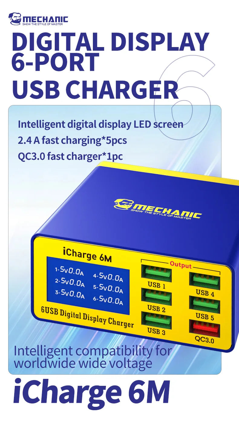 Chargeur USB Intelligent MECHANIC iCharge 6M – 6 Ports, Charge Rapide avec Écran Digital