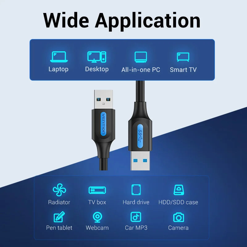 Vention Câble USB Mâle à Mâle | Extension USB 2.0 / 3.0 Haute Vitesse – Câble Extender pour Transfert de Données, Haut-parleur, Radiateur, Webcam HD, Voiture