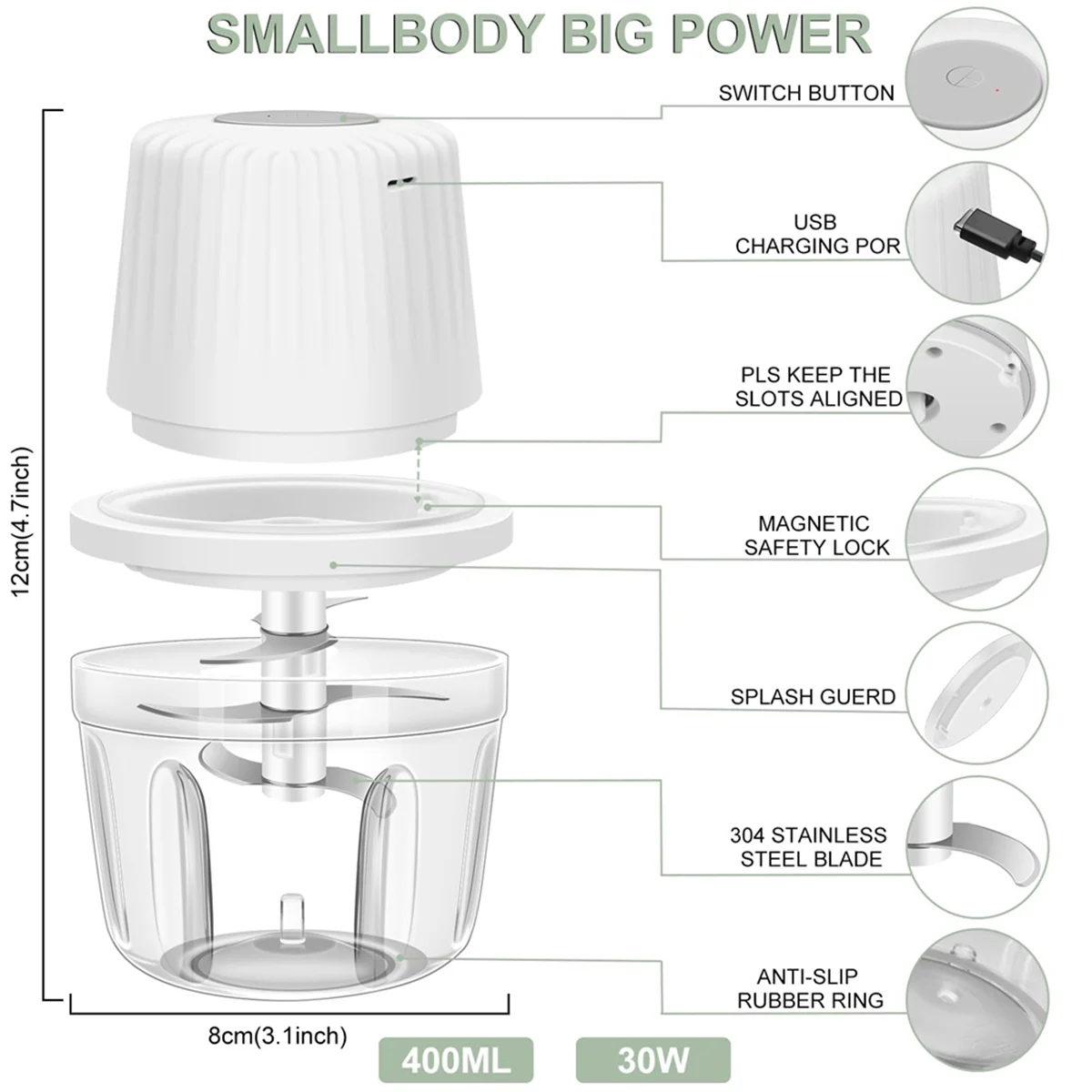 Hachoir Électrique AT13 400ML – Mini Mixeur USB Portable avec 6 Lames
