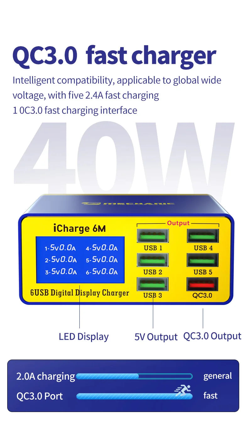 Chargeur USB Intelligent MECHANIC iCharge 6M – 6 Ports, Charge Rapide avec Écran Digital