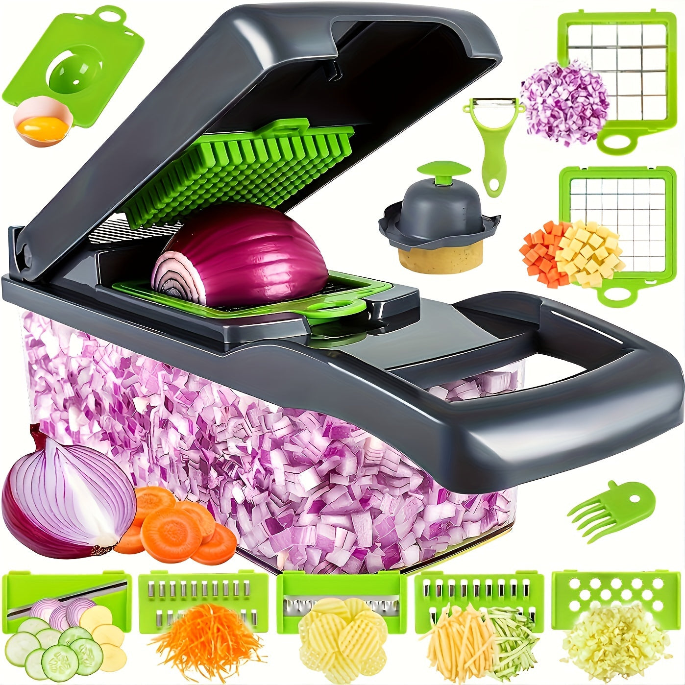 Hachoir et Coupe-Légumes 16-en-1 – 8 Lames Acier Inoxydable, Conteneur Détachable, Semi-Automatique