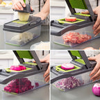 Hachoir et Coupe-Légumes 16-en-1 – 8 Lames Acier Inoxydable, Conteneur Détachable, Semi-Automatique