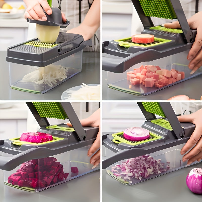 Hachoir et Coupe-Légumes 16-en-1 – 8 Lames Acier Inoxydable, Conteneur Détachable, Semi-Automatique