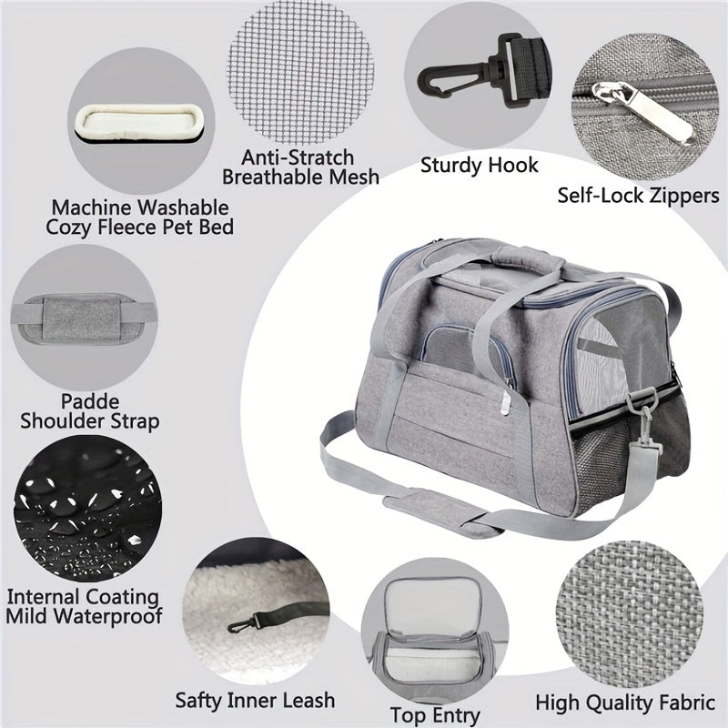 Sac de Transport Chat Portable – Grande Capacité, Respirant, avec Tapis Douillet, Fermeture Éclair, Maille Ventilée et Lanières Sécurisées pour Voiture et Voyages